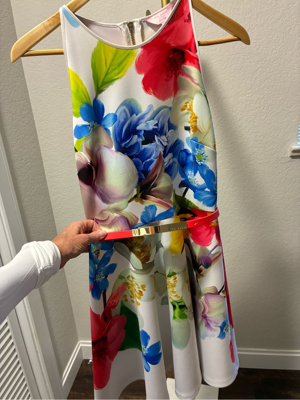 Ted Baker Red and White Floral Sleeveless Dress with red belt.